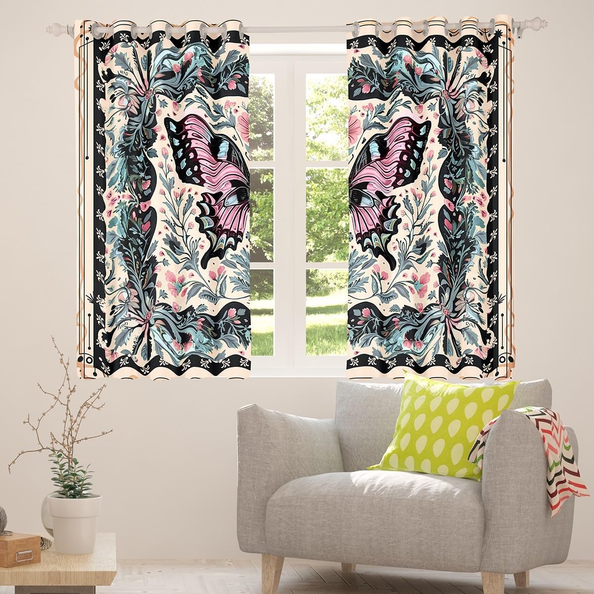 Castle Fairy Butterfly Curtains for Living Room,Gothic Nature Rustic Flower Window Drapes Bedroom Blackout 30%-50%,Bohemia Vintage Style Window Treatment Grommet Top 2 Panels Decor,38Wx45L