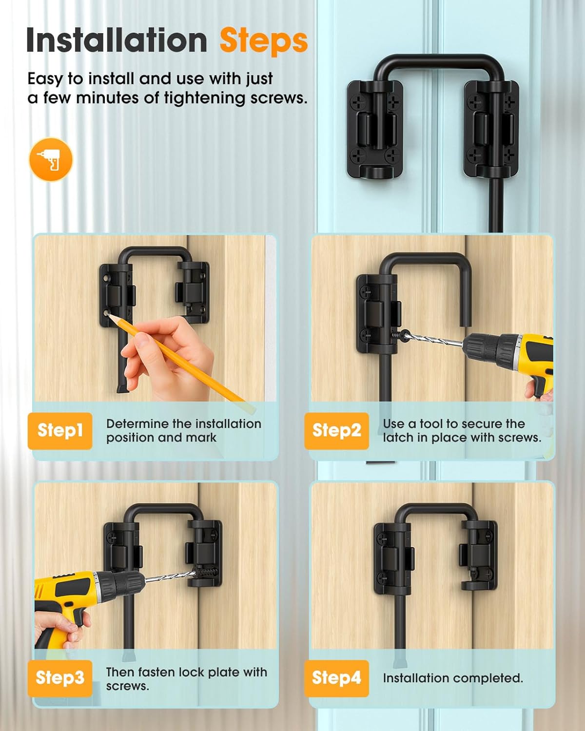 2.36 Inch U Patio Sliding Door Loop Lock Latch - Stainless Steel Home Security Loop Bolt Lock for Barn, Garden, Fence Gate, Window - Multi-Angle Installation Option (Black-4 Pcs)