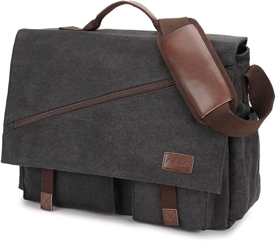 Mens Messenger Bag15.6 Inch Water Resistant Canvas Satchel Casual Laptop Shoulder Bag Briefcase Crossbody Daybag Vintage Bookbag by RAVUO Black