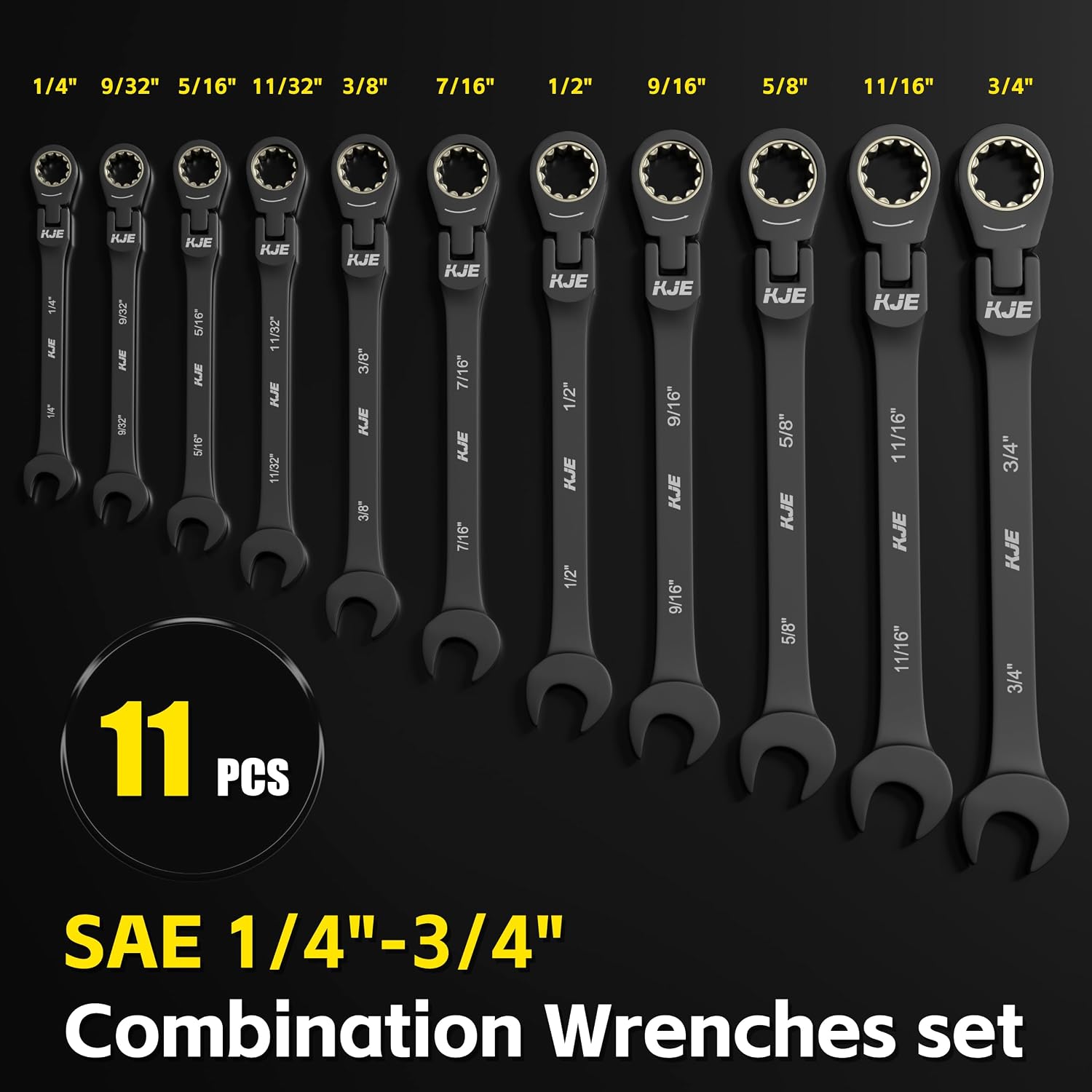 KJE 90-Teeth SAE 180° Flex-Head Ratcheting Wrench Set, Cr-V Steel, 11-Piece SAE 1/4"-3/4" Combination Wrenches set, Nickel Plating, with Organizer Bag, for Auto, Machine Repair, Father's Day Gift