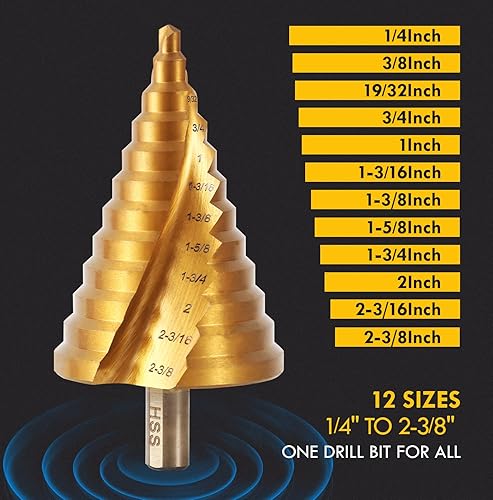 Miniatura 3 de Juego de brocas escalonadas, 14" a 2-38", vástago hexagonal de acero de alta velocidad para acero inoxidable, metal, aluminio, cobre, madera, PVC