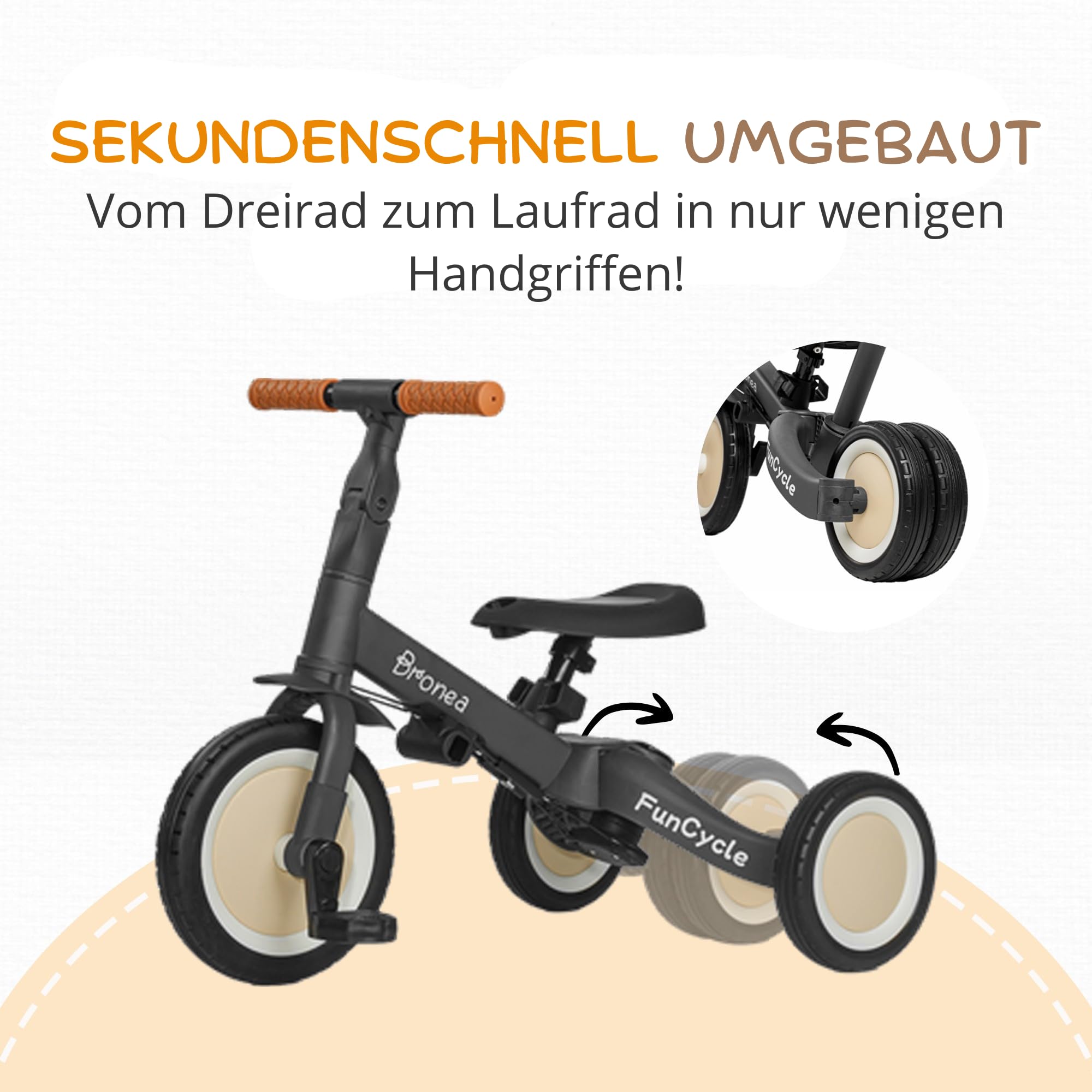 5-in-1 Dreirad ab 1 Jahr mit Schubstange | Wächst mit Ihrem Kind vom Kinderdreirad bis Laufrad | Mit Gurt, Dach & Zubehör wie Getränkehalter, Spiegel, Klingel (Grau)