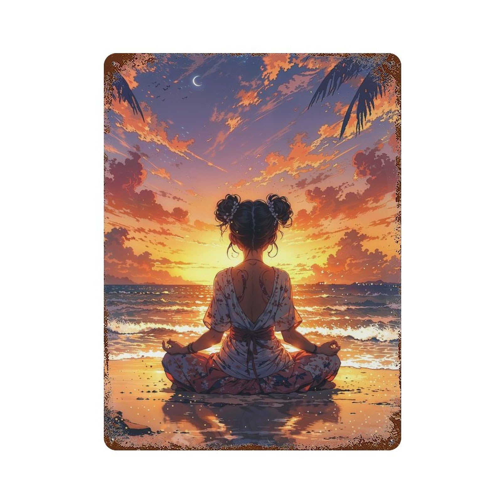 Meditates at Sunset Rust Effect Tin Sign 15.7"x11.8", for Bistro, Counter And Cafe Decor, Shabby Chic Decor