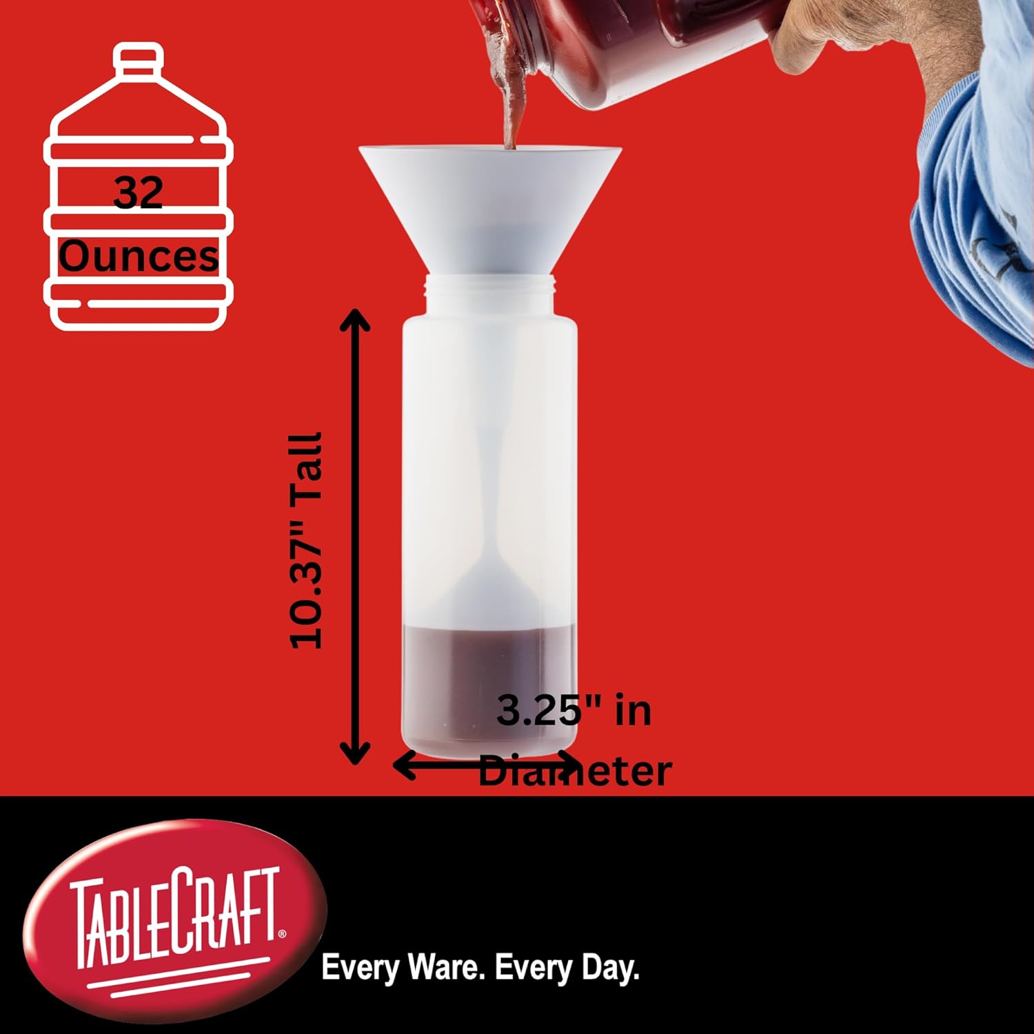 TableCraft 12634 Widemouth Condiment Squeeze Bottles, 63 mm Wide Opening, Cone-Tip Top, Tethered Cap, Clear Sauce Dispensers for Food Prep, 32 oz (946 mL), NSF, Made in USA, Pack of 6