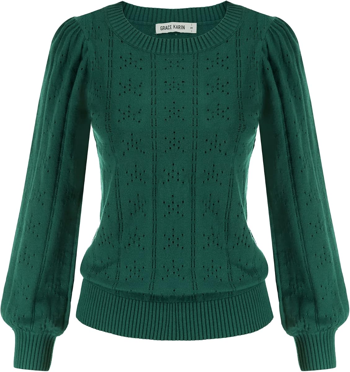 GRACE KARIN Suéteres de otoño de crochet de manga larga abullonada para mujer de moda 2026 | Linda camiseta de trabajo informal y elegante, jersey de punto, ropa de moda, manga de linterna, cuello redondo, ligero, tejido, ahuecado, ropa de capas