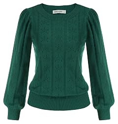 GRACE KARIN Womens Long Lantern Sleeve Crew Neck Crochet Top Hollow Out Fall Pullover Sweater