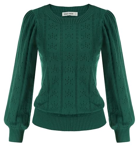 GRACE KARIN Women's Long Lantern Sleeve Crew Neck Crochet Top Hollow Out Fall Pullover Sweater