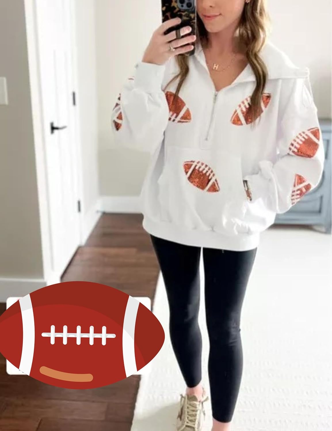 Xunger Women's Football Sequin Hoodie Half Zip Long Sleeve Rugby Patches Game Day Hooded Sweatshirt - Image 3