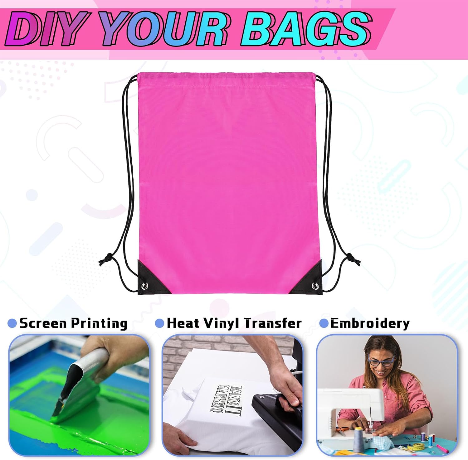 Silkfly 100 Pieces Drawstring Backpack Bags Bulk Portable Blank Cinch Storage Bags for Sports, School, DIY Gifts, Homeless, Social Assistance(Hot Pink) image 4