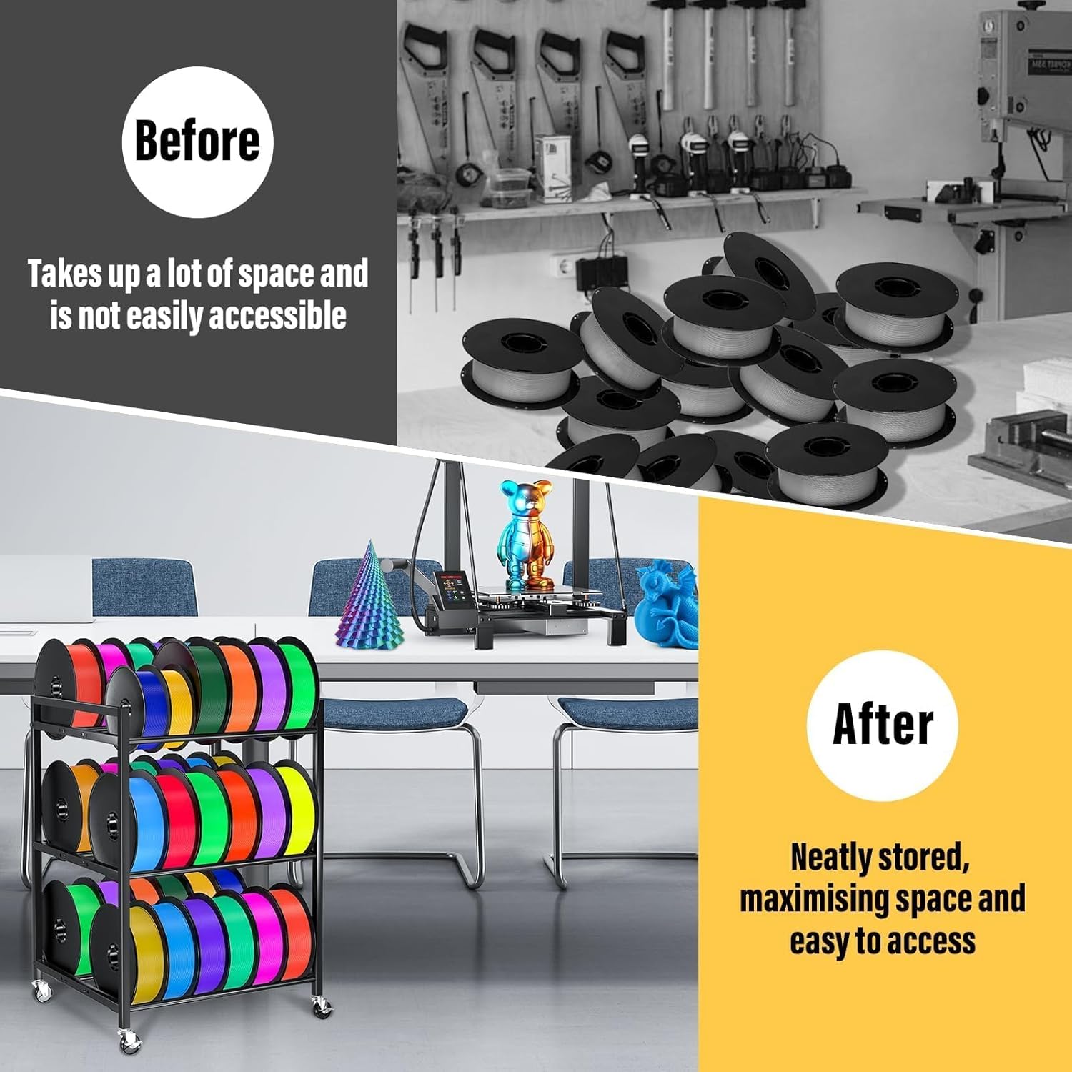 3D Printer Filament Storage Rack,Rolling Filament Spool Holders with Wheels,3-Tier Heavy Duty 3D Filament Storage Rack for PLA/ABS/TPU/Nylon,Filaments Organzied for Home,Office Workshop,Studio