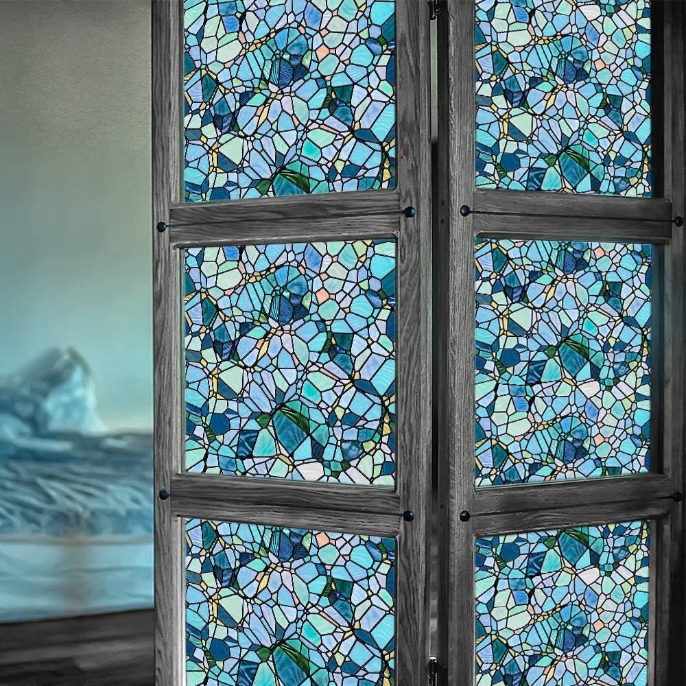 funlife Original Hand-Drawn Privacy Stained Glass Window Film, Reusable Single Sided Static Cling Glass Covers Suitable for Entryway, Decor for Bathroom Glass Window, 16.93"x118", Blue Cobblestones