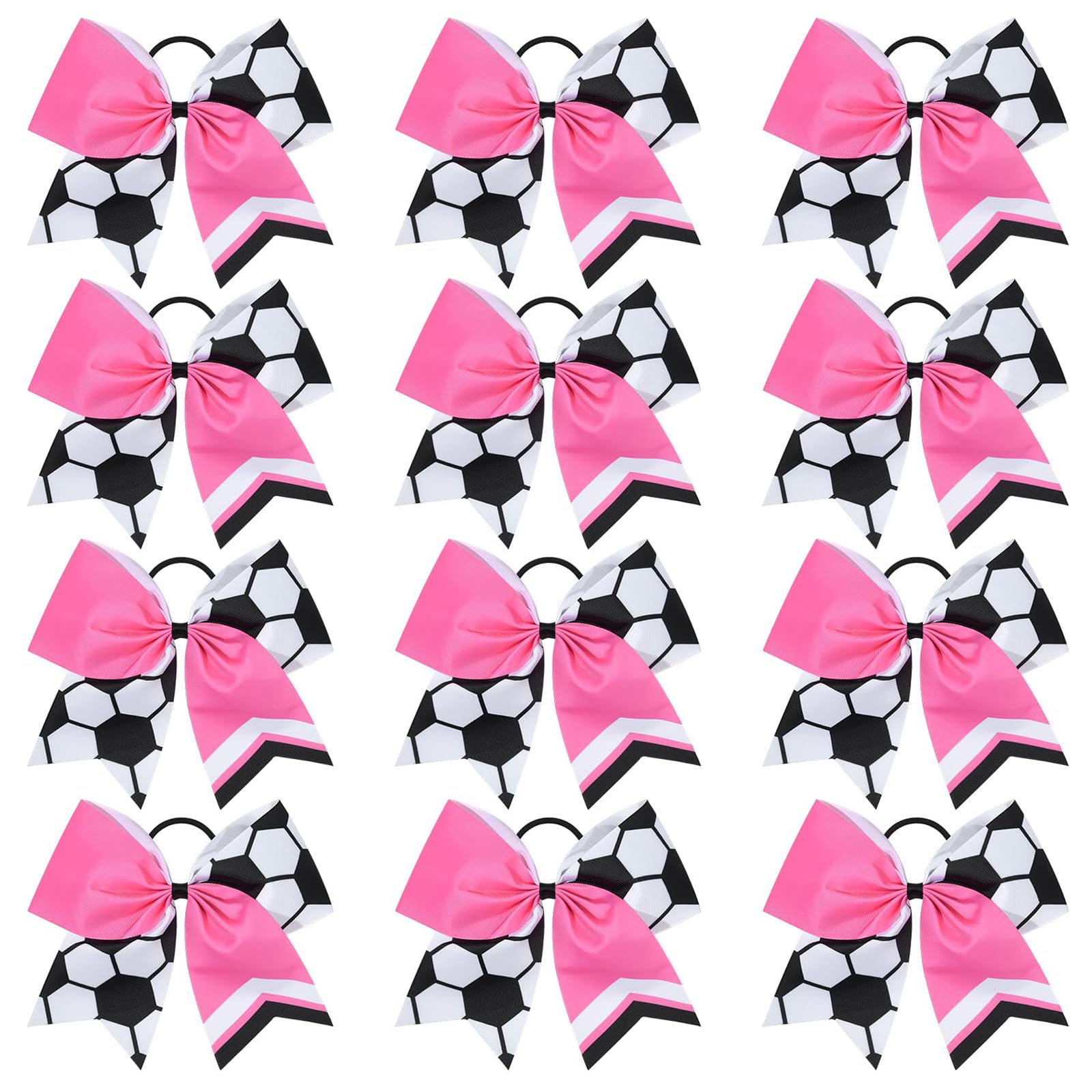 TELAIN Black Hair Bow Pink Bow for Football and Cheerleading Handmade Ponytail Bow with Elastic, Set of 12 Pieces