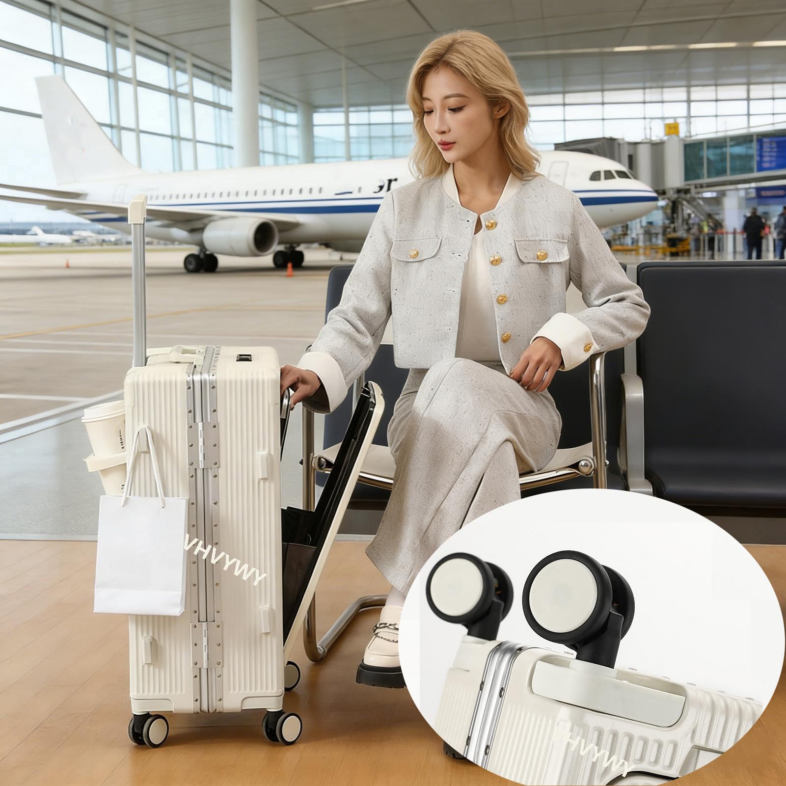 Valigia da Viaggio in Alluminio con Apertura Anteriore, Trolley Valigie Rigido in PC, Porta USB, Portabicchiere, Ruote Girevoli Silenziose, Porta Tazza, Chiusura TSA (Argento, XL)