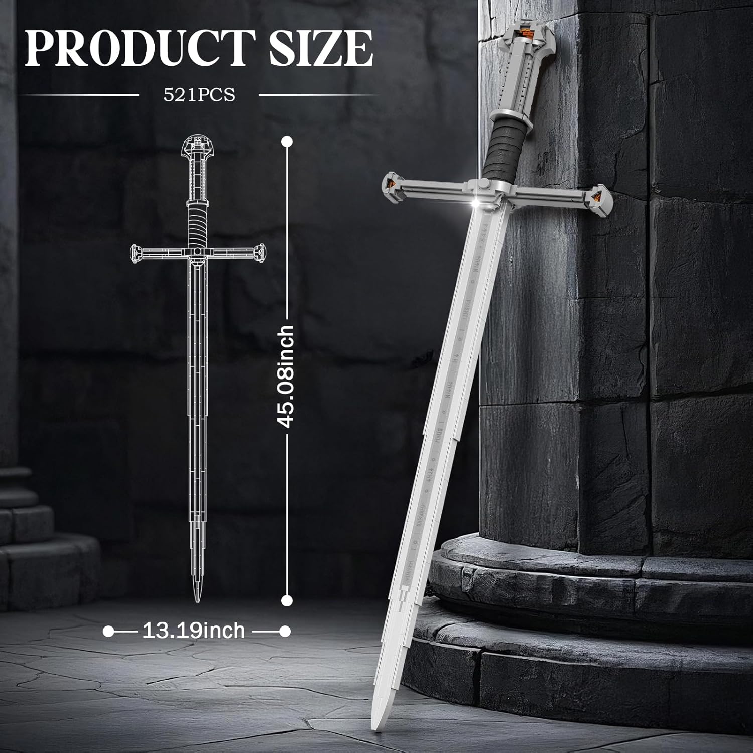 Reobrix Sword Building Sets, 45in Narthil Sword Cosplay Model Kit 99024, Double-Bladed Sword Building Blocks for Adults Teens 14+, Holy Sword Toys, Interior Decor, Gift for Anime Fans (521 Pcs)