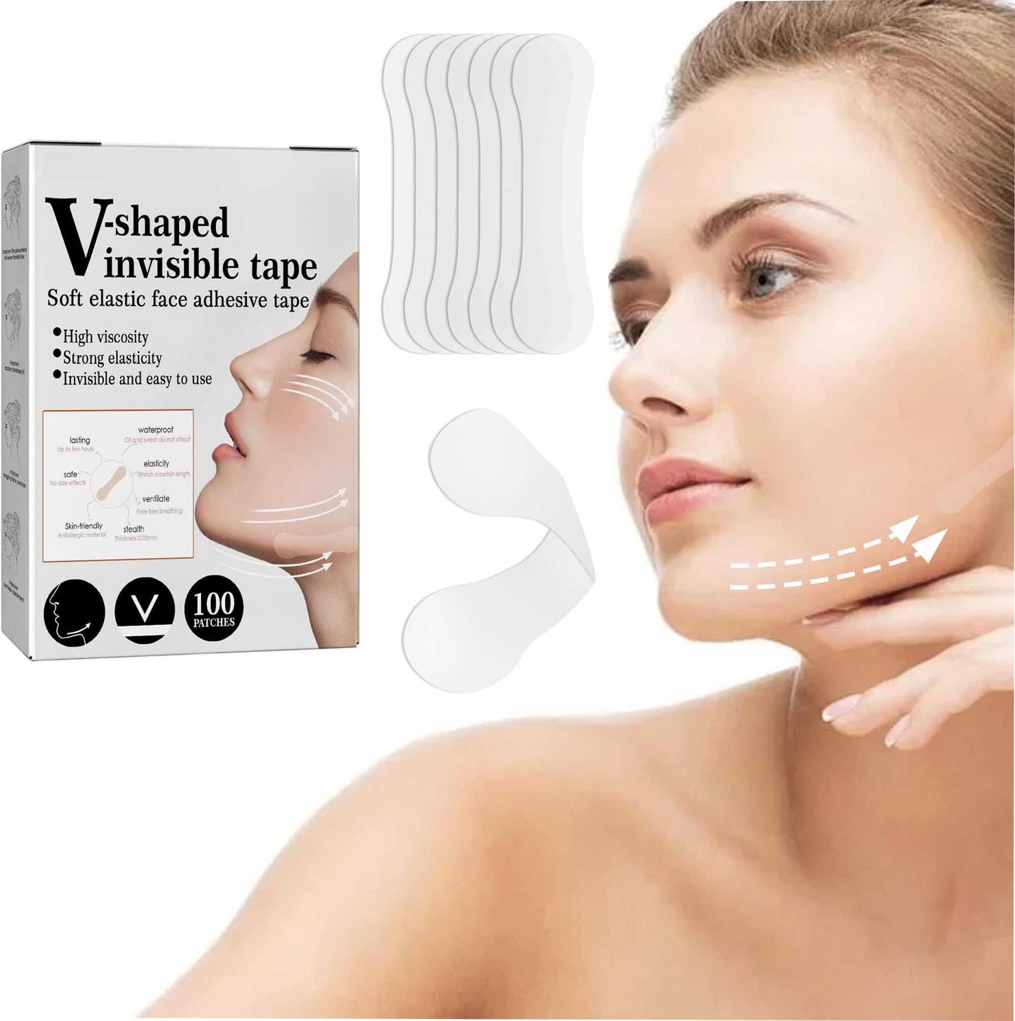 T.D.PRETTY Face Lift Stickers - 100Pcs V-shaped Face Lift Tapes - Invisible Face Lifting Patch for Firming V-shaped Face, Preventing Sagging, Tighten The Chin,Lightening Nasolabial Lines, Crow's Feet