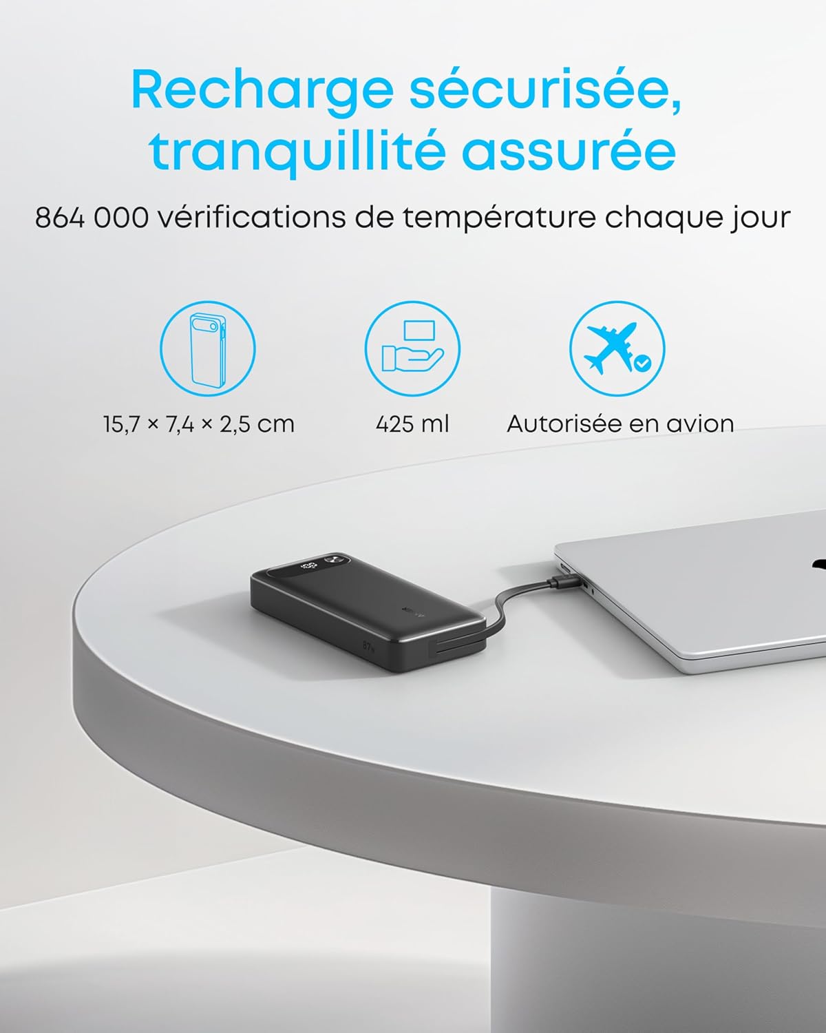 Anker Batterie Externe 20000 mAh 87W Max avec câble USB-C intégré, Power Bank Charge Rapide Chargeur Portable, USB C Input & Output, pour MacBook, iPhone 17 Pro max/16, Samsung et Autres — image 6