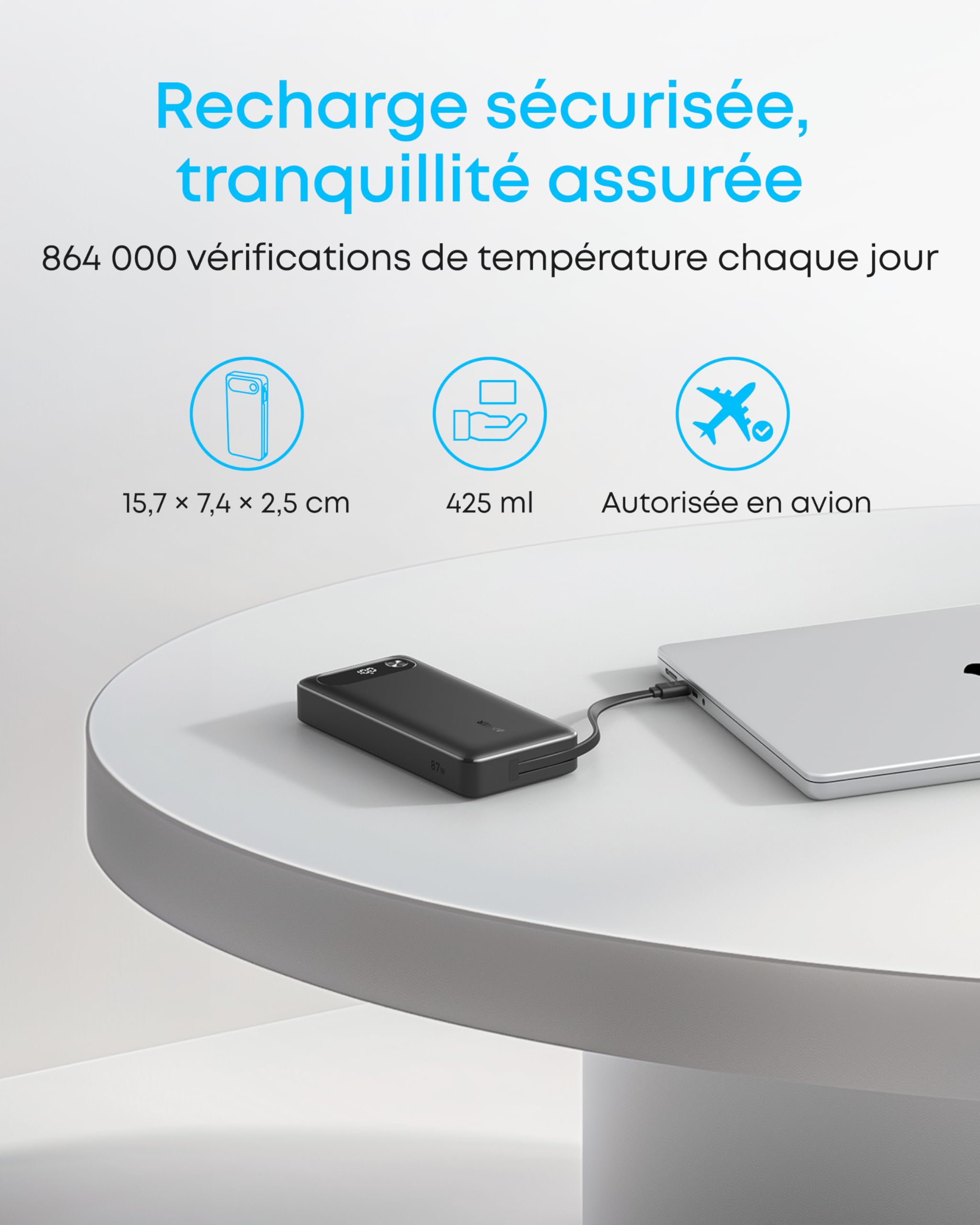 Anker Batterie Externe 20000 mAh 87W Max avec câble USB-C intégré, Power Bank Charge Rapide Chargeur Portable, USB C Input & Output, pour MacBook, iPhone 17 Pro max/16, Samsung et Autres
