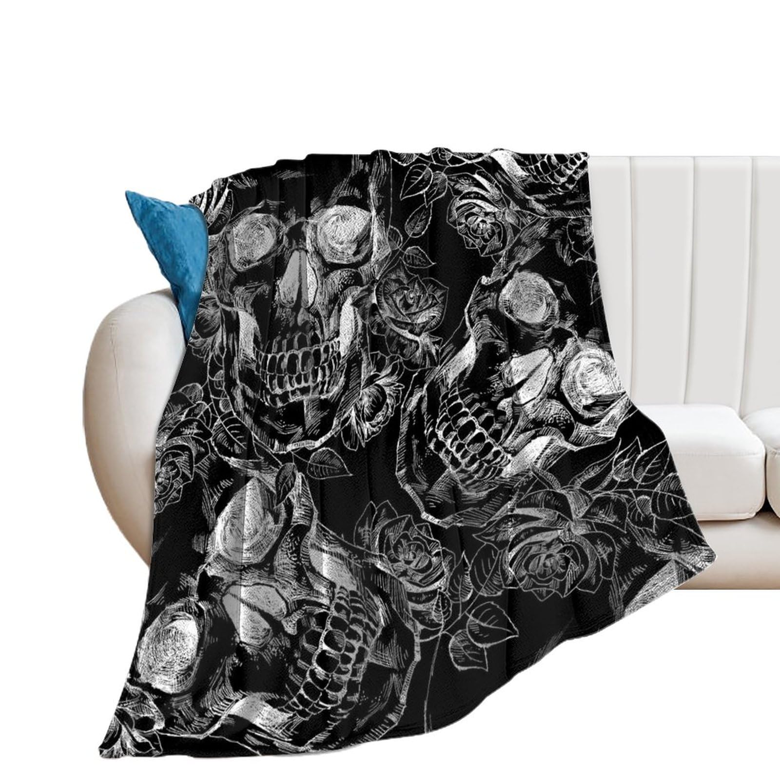Couverture polaire crâne noir contre le froid, plaid canapé flanelle doux isolant