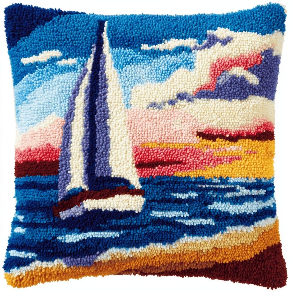 Latch Hook Pillow Kit For Adults,Sailboat 17X17In Latch Hook Kit For Pillow Cover With Instruction For Beginner Cross Stitch Sofa Cushion Cover With Crochet Yarn For Beginners And Home Decor