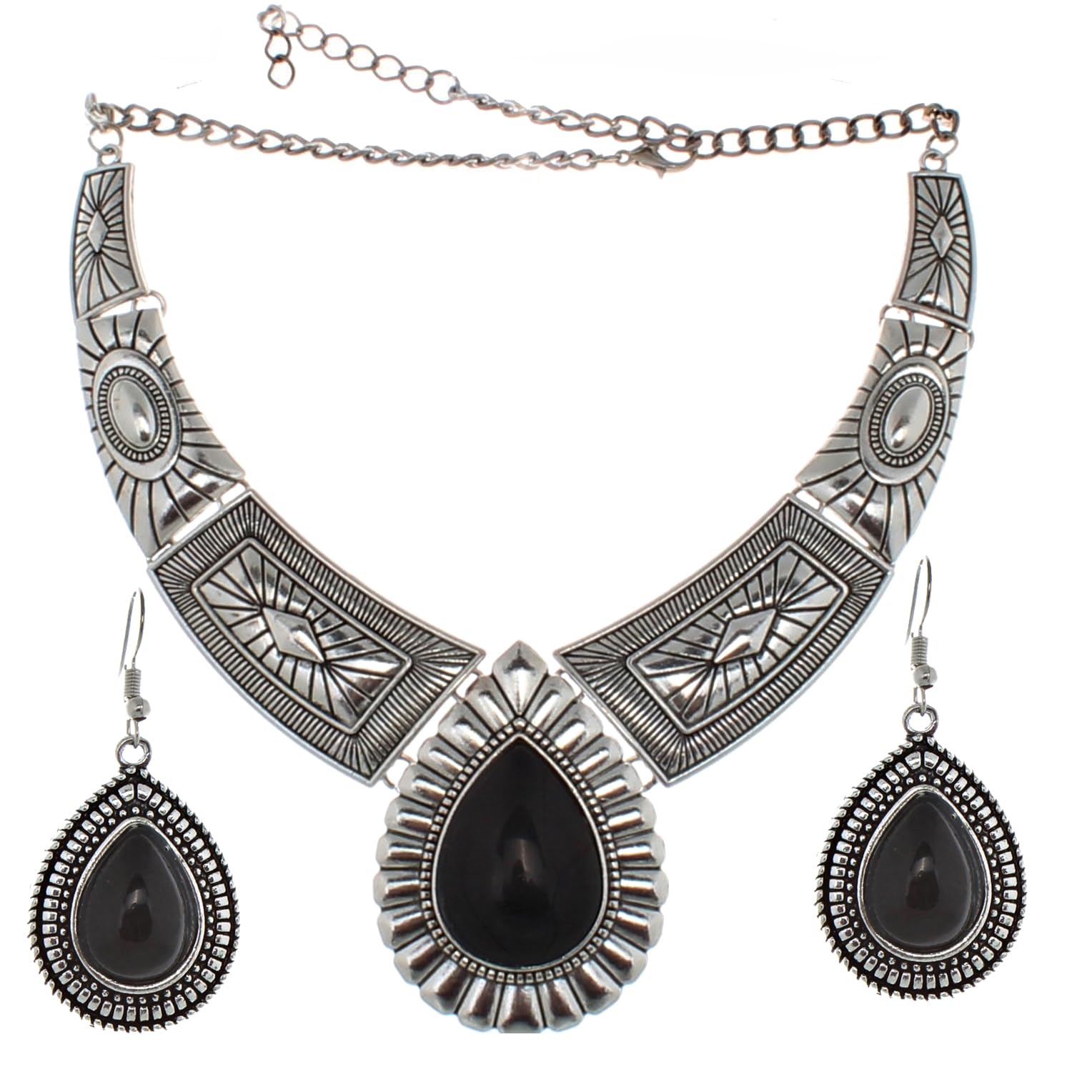 Lucky Jewellery Tribal Designer Gold Plated Retro Tibetan Oxidised Bohemian Oval Black Color Pendant Locket Set with Drop Earrings Hasli Kanthi Necklace for Girls & Women (B07QMFC9KP) Amazon Price History, Amazon Price Tracker