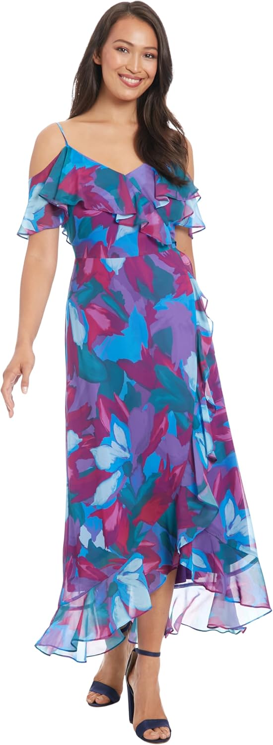 London Times Women's Women's Sweetheart Neckline High Low Maxi with Ruffle Overlay - Empire Waist Cold Shoulder Chiffon Summer Party Dress