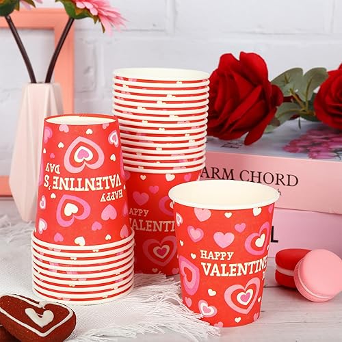 Miniatura 7 de Whaline 50 tazas de papel desechables de corazón rojo para el día de San Valentín 9 onzas con estampado de corazón chocolate caliente cacao tazas