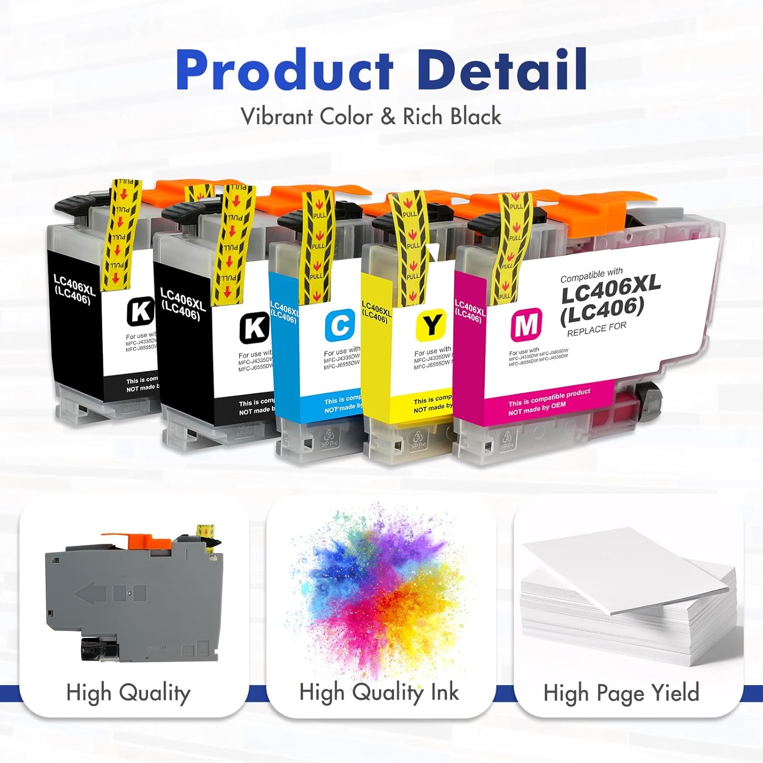 LC406 LC406XL Ink Cartridges for Brother Printer for Brother LC406 Ink Cartridges MFC-J4335DW MFC-J5855DW MFC-J6555DW MFC-J4535DW MFC-J6955DW (5Pack -2Black Cyan Magenta Yellow)