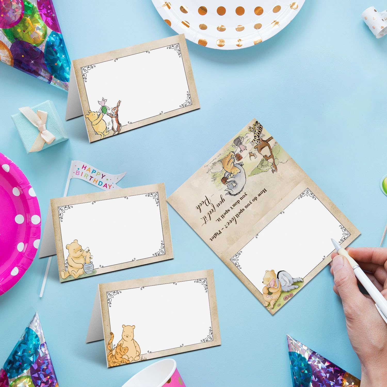 16Pcs Winnie Quotes Prints Centerpiece Card, Classic Pooh Game Cards Set for Baby Shower, Includes 8 Different Winnie Quotes Cards，Perfect for Baby Shower Party Activity Supplies