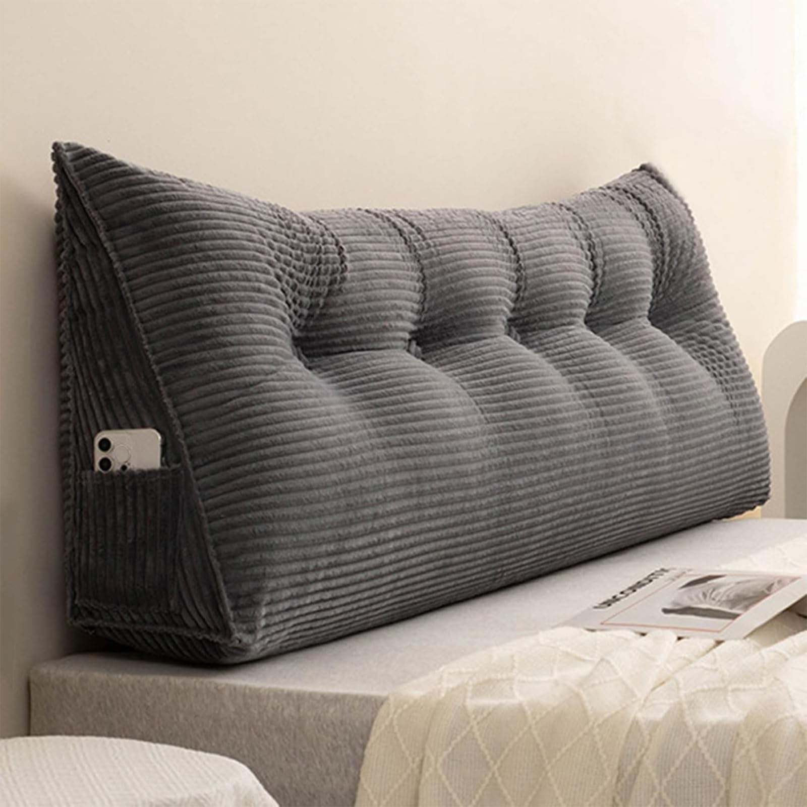 AIUTG Large Triangular Headboard Cushion, Corduroy Reading Pillow with Removable Washable Cover, Bed Backrest with Side Pocket, Support Cushion for Sofa(Dark Gray,120x50x20cm)