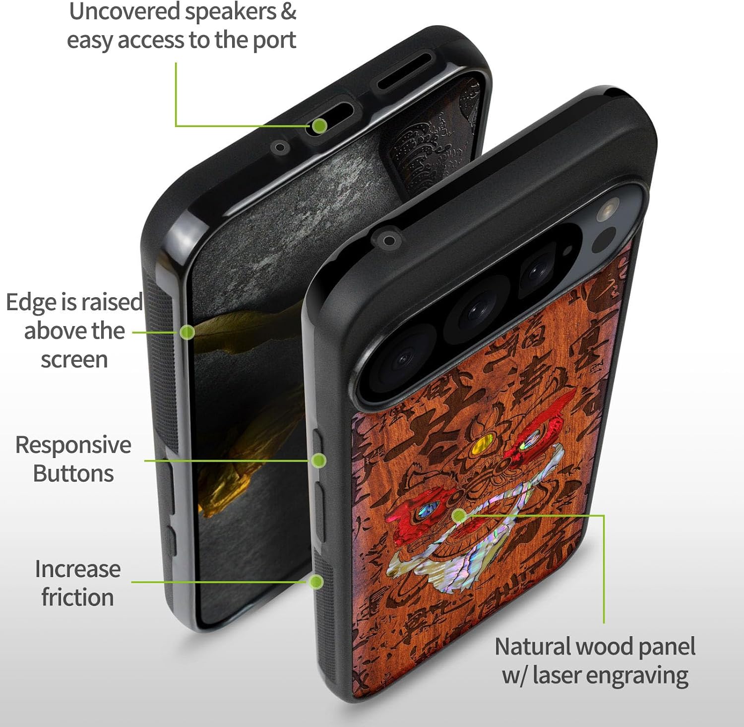 Carveit Magnetic Wooden Case for Pixel 9 Pro / 9 Pro Case, Wood Artisan Engraved & Handmade Shell Inlaid, Compatible with MagSafe Wireless Chargers, Chinese Lion Dance - Rosy