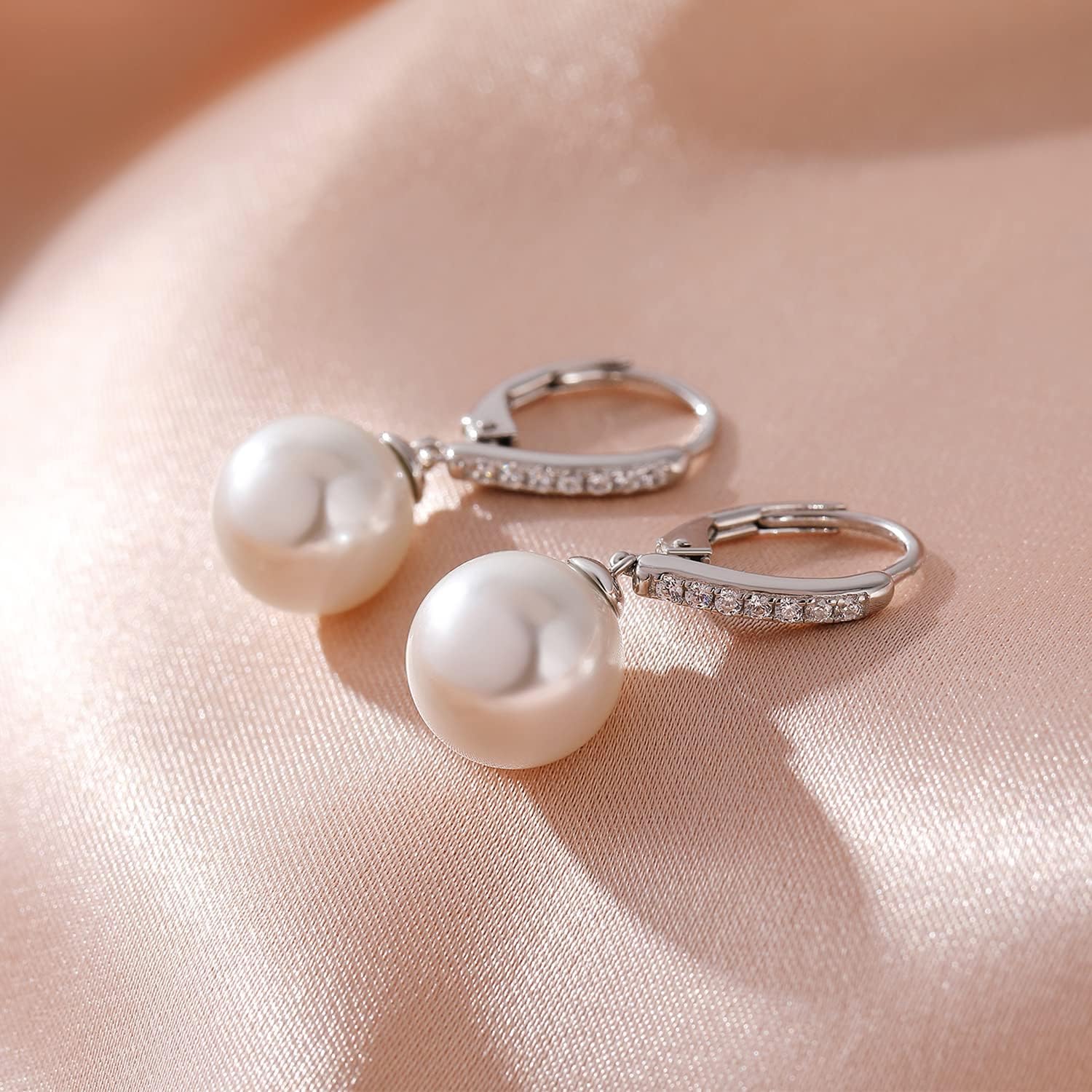 JiayangJY Pearls Earrings for Women, 5A CZ Diamonds Sterling Silver Dangle Earrings with 8MM 10MM Pearl