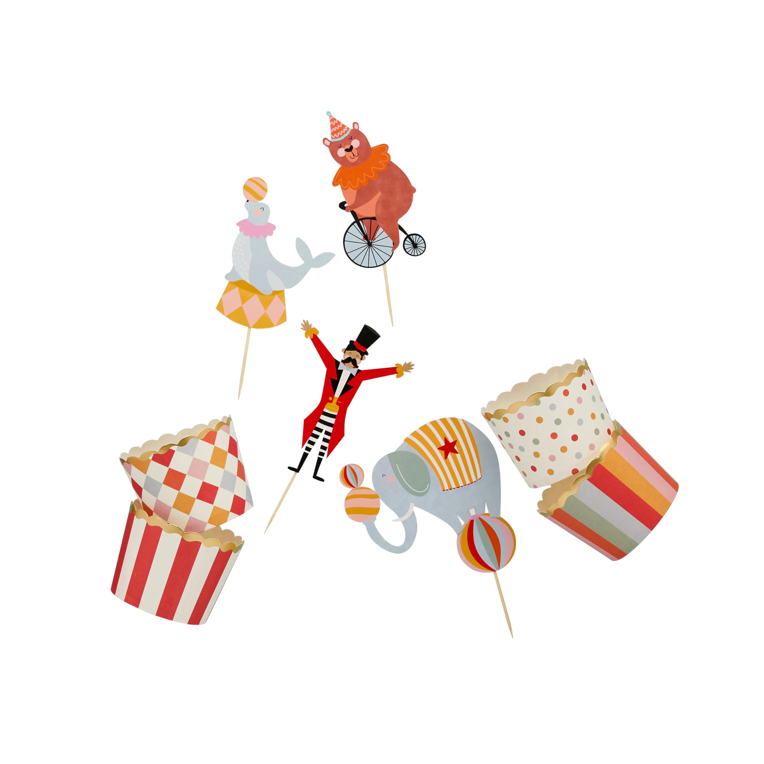 Circus Party Food Picks & Cups Set - Circus Cupcake Toppers - Pack Of 12