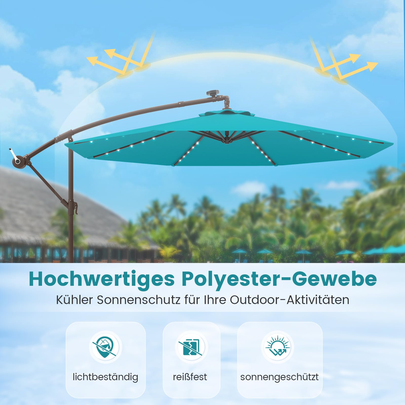 COSTWAY Parasol przeciwsłoneczny z workiem na piasek, 300 cm, z 40 solarnymi diodami LED i korbą, parasol ogrodowy, ochrona przed promieniowaniem UV, parasol na taras, do ogrodu, na basen, taras