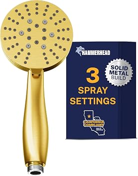 HammerHead Showers Solid Metal 3-Spray Hand Held Shower Head, Brushed Gold | Select from Wide, Massage, and Mist Sprays | 1.75 GPM Low Flow Handheld Showerhead | Made from 304 Stainless Steel
