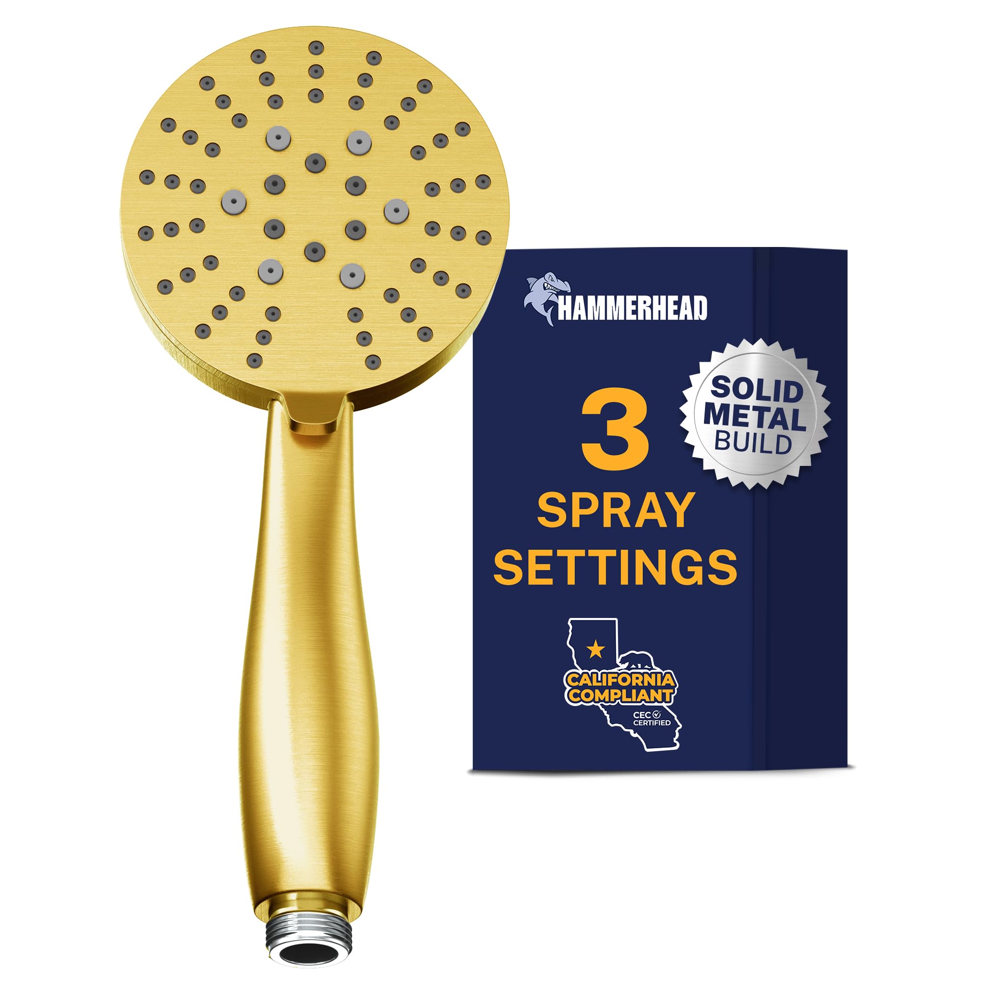 HammerHead Showers® Solid Metal 3-Spray Hand Held Shower Head, Brushed Gold | Select from Wide, Massage, and Mist Sprays | 1.75 GPM Low Flow Handheld Showerhead | Made from 304 Stainless Steel