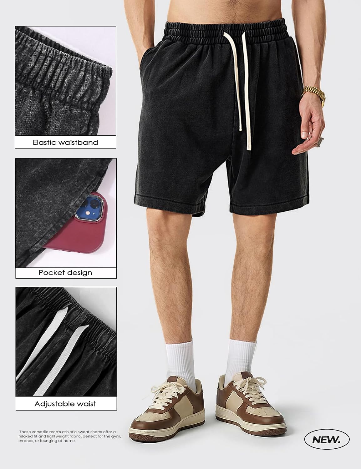 Arssm Mens Sweat Shorts Cotton Athletic Shorts Acid Wash Vintage Drawstring Workout Shorts