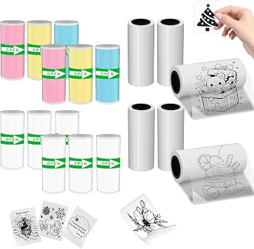 18 rolls Mini Printer Adhesive Stickers 6 rolls white + 6 rolls colored and 6 rolls transparent self-adhesive stickers,Compatible with most pocket printers.