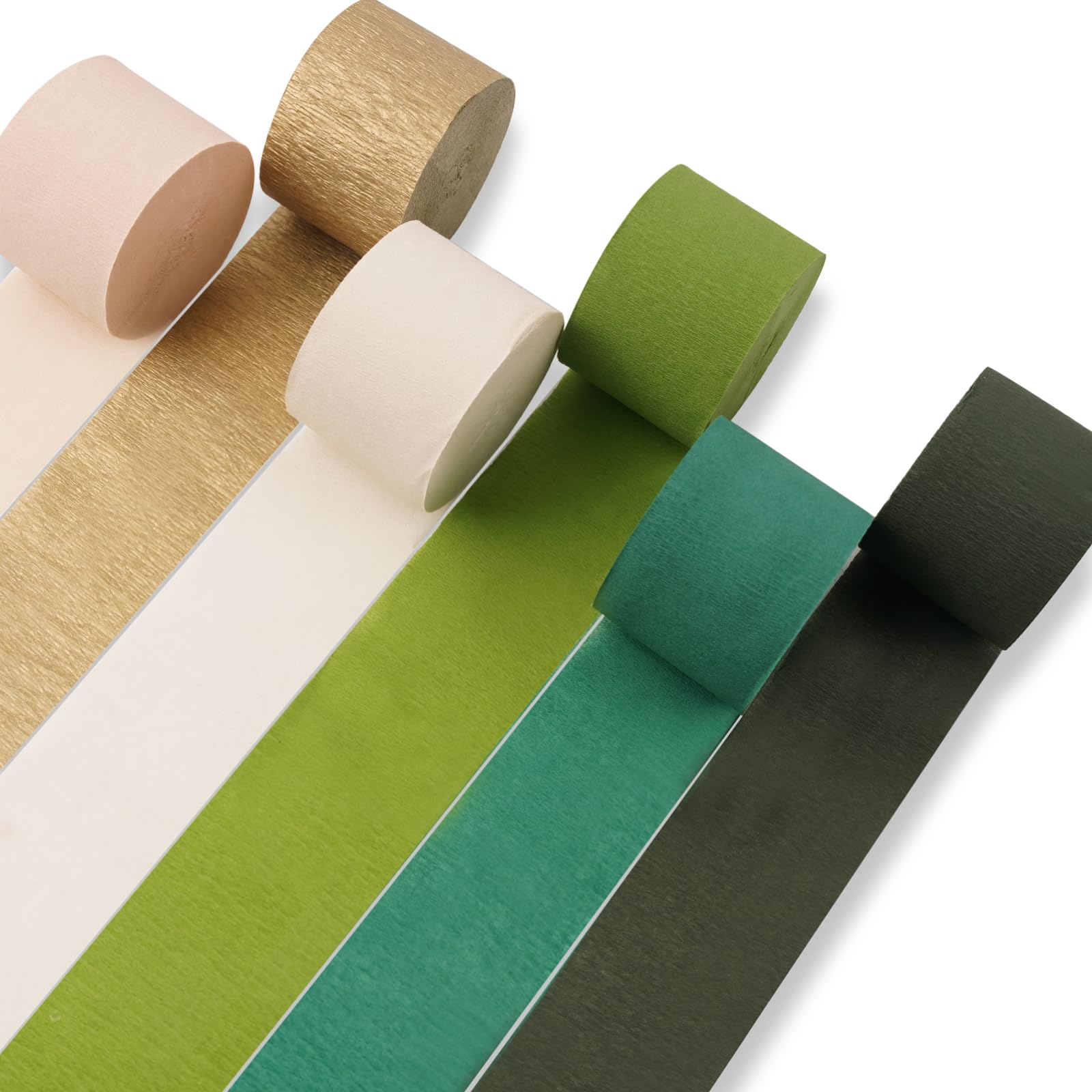 PartyWoo Crepe Paper Streamers 6 Rolls 492ft, Pack of Dark Green, Green, Light Green, White Sand and Gold Party Streamers for Birthday Party Decorations, Wedding Decorations (1.8 Inch x 82 Ft/Roll)