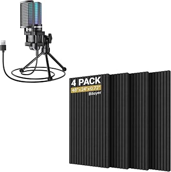 TONOR TC777 Pro Gaming USB Microphone for PC and 4-Pack Bilayer Acoustic Panels Large Self-Adhesive, Computer Cardioid Condenser PC Gaming Mic with 48 * 24 * 0.72 Adhesive Wall Panel