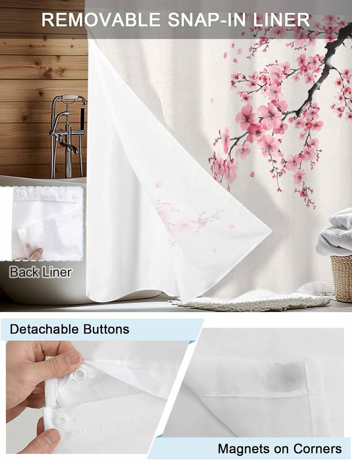 No Hook Shower Curtain with Snap in Liner Set Cherry Blossoms Shower Curtains for Bathroom Decor Pink Flower Floral Spring Nature Country Waterproof Bath Curtain with See Through Top Window 72x72 Inch