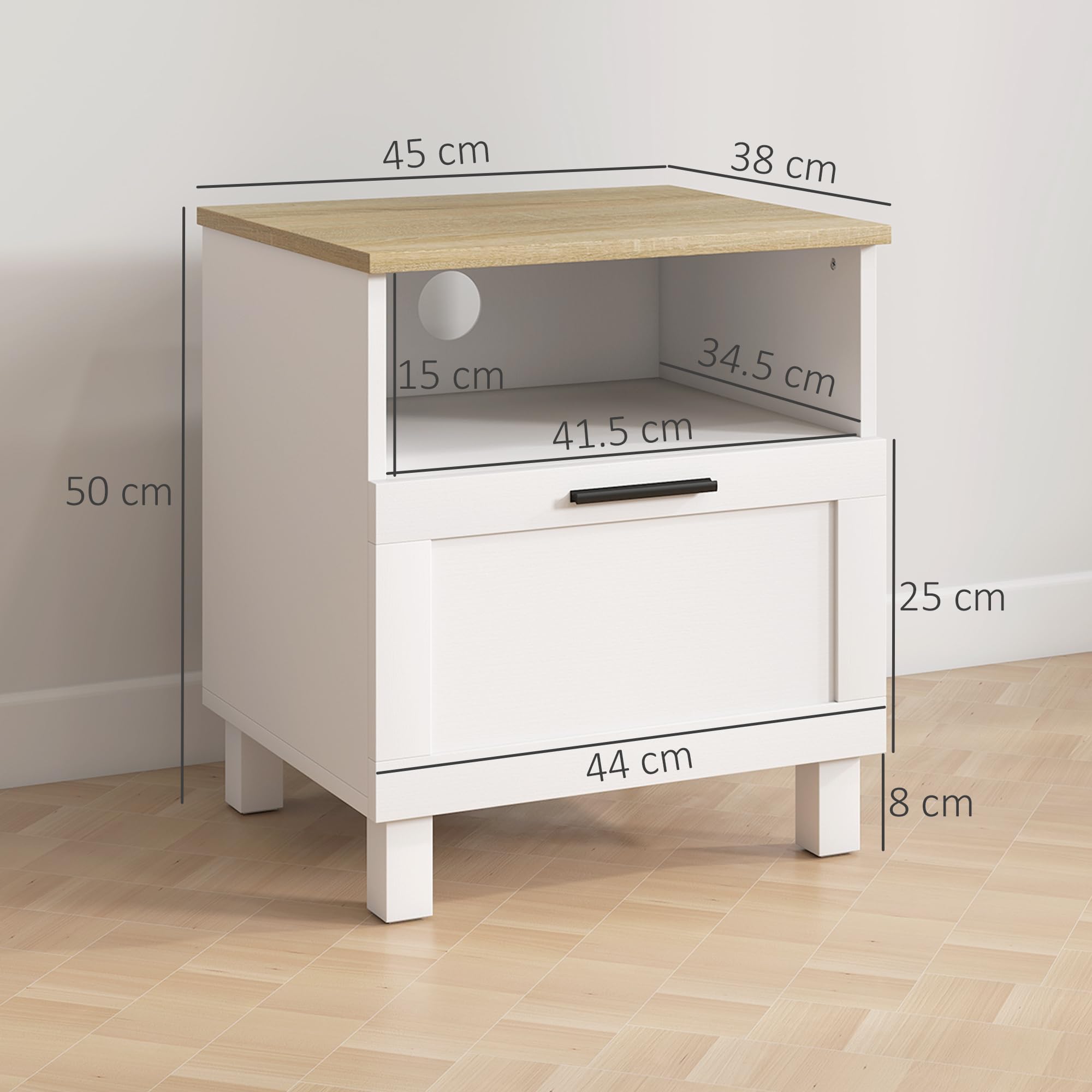 HOMCOM Comodino Camera da Letto con Cassetto e Ripiano Aperto Portaoggetti, Comodino Moderno Salvaspazio con Gambe in Legno di Pino, 45x38x50 cm, Bianco