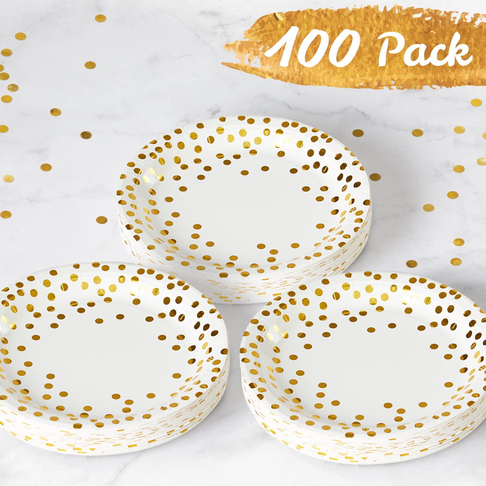MATICAN Lot de 100 assiettes en carton jetables blanches et dorées, à pois en aluminium, 22,9 cm