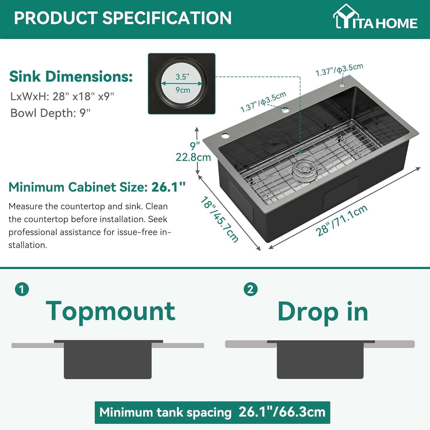 YITAHOME Drop in Black Kitchen Sink with 3 Holes, 28in Top Mount Stainless Steel Nano Gunmetal Black Single Bowl with Grid for Workstation, RV, Bar Sink, 28 x 18 x 10in