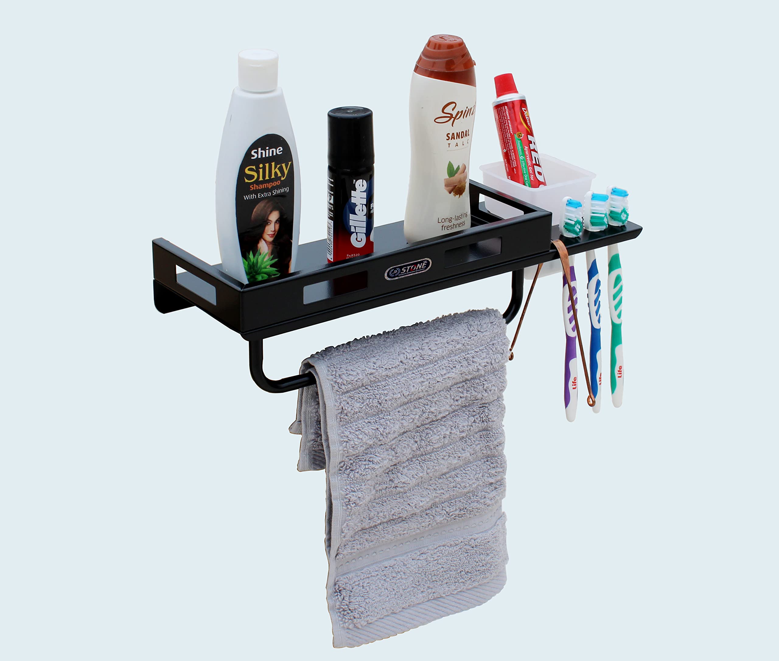 STONE MS Powder Coated All in One Multipurpose Bathroom Shelf with Toothbrush Holder and Towel Rod Bathroom Accessories All in One Item (15 x 5 inch, Black) (B0C6NM2QGS) Amazon Price History, Amazon Price Tracker