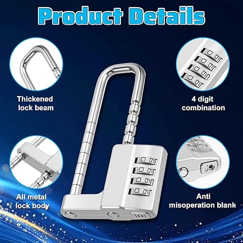 Miniatura 3 de Candado de armario de combinación de 4 dígitos con código en forma de U, candado ajustable de acero inoxidable con código, bloqueo de grillete largo