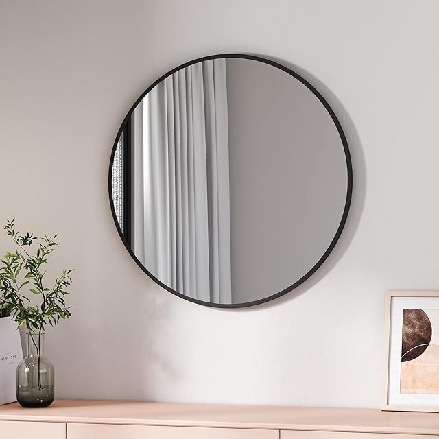 EMKE 70cm Bathroom Circle Mirror, Round Black Mirror for Glass Wall Mounted Makeup Mirror, Framed Wall Mirror Large Round Mirror for Living Room, Bedroom, Bathroom, Dressing Room, Entryway Decor