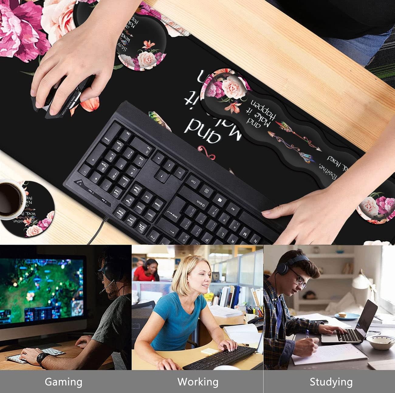 Large Mouse Pad with Wrist Support Set,Memory Foam Keyboard Wrist Rest +XXL Extended Gaming Mouse Pad + Ergonomic Mouse Wrist Pad,Peony Flower Inspirational Quotes Office Black Desk Pad for Women Men