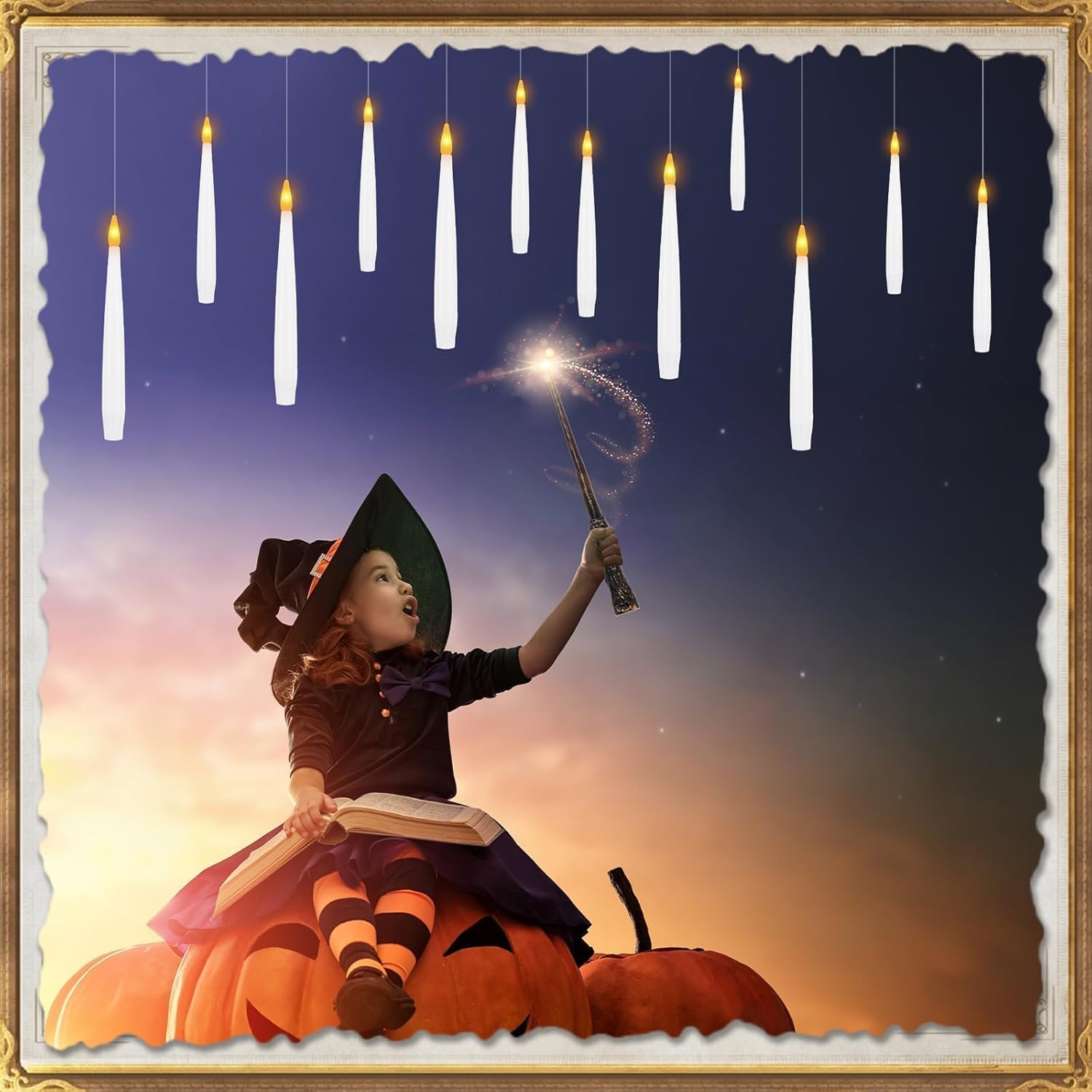 12 PCS Floating Candles with Wand LED Magic Hanging Candle Battery Operated Candle with 13 Batteries Include Flickering Warm Light Floating Candles for Christmas Halloween Decoration