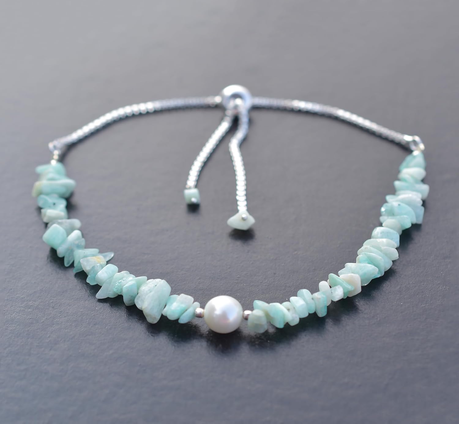 Amazonite Chips Bolo Bracelet Silver Plated Healing Crystals Gemstone Handmade Jewelry Adjustable Slider Bracelet Stone Weight Approx 30to 40 carats approx Stone Size Approx 4 to 9 mm Approx - Image 2