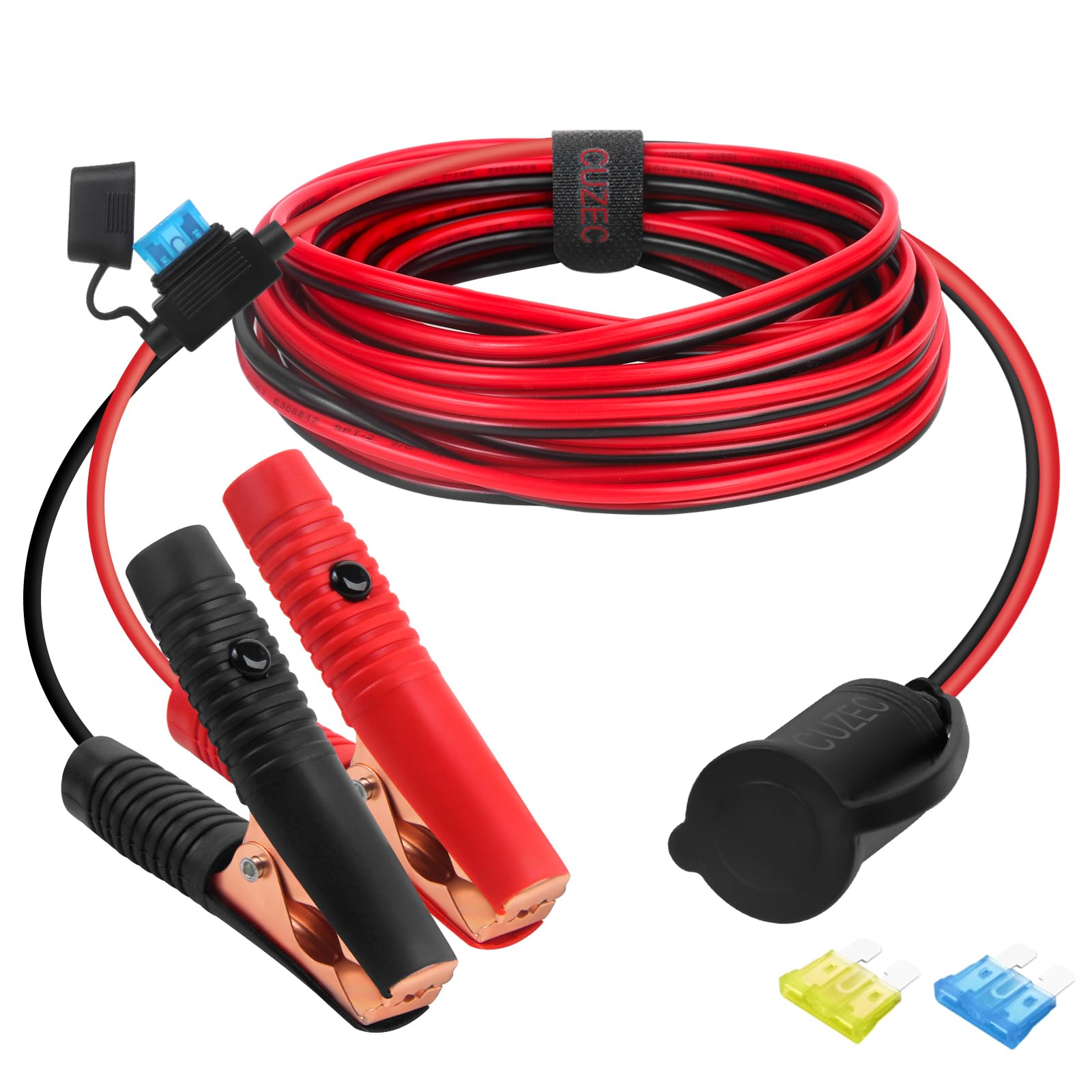 CUZEC 10.5FT/3.2m 16 AWG Extension Cord Plug Socket with Battery Clamp 12V/ 24V Battery Clip-On and Cigarette Lighter Adapter (10.5FT Long)